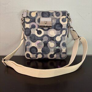 Coach Kristin Swing Denim Blue & White Canvas Sequined Signature C Crossbody